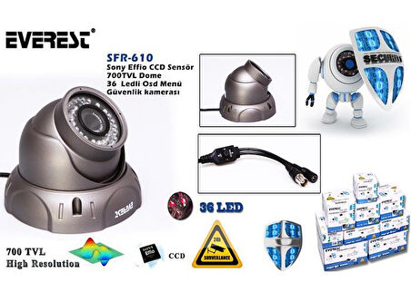 Everest SFR-610 Sony Effio CCD Sensör 16mm 700 TVL Dome 36 Ledli Osd Menü Güvenlik kamerası