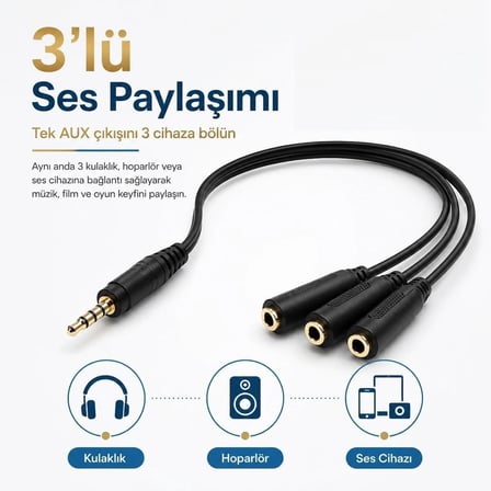 Ses Aux 3.5 mm Jak çoklayıcı kablo. 1+3 Aux Kablo.1 Erkek Giriş 3 Dişi Çıkış,5+1 Hoparlör Kulaklık  Telefon PC Araç Ses Paylaşım Adaptörü