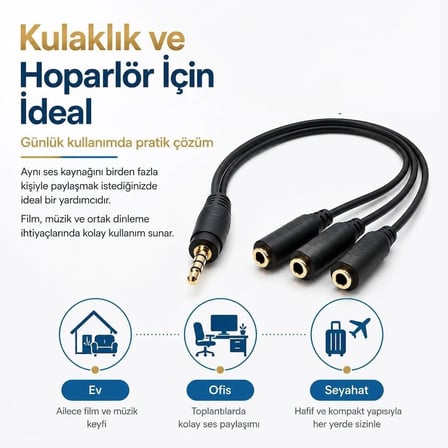 Ses Aux 3.5 mm Jak çoklayıcı kablo. 1+3 Aux Kablo.1 Erkek Giriş 3 Dişi Çıkış,5+1 Hoparlör Kulaklık  Telefon PC Araç Ses Paylaşım Adaptörü