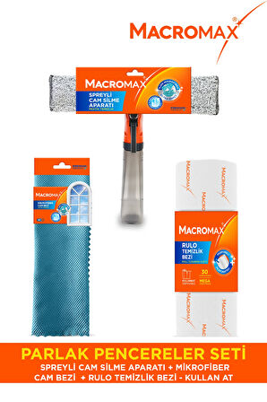 Parlak Pencereler Seti Spreyli Cam Silme ve Temizlik Bezi