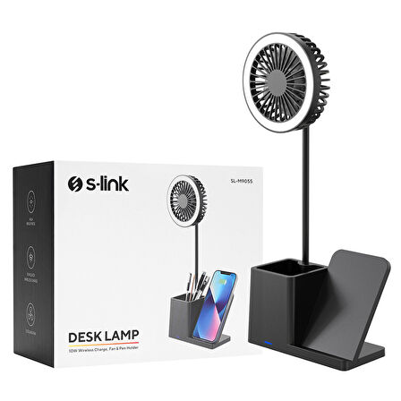 S-Link  SL-M9055 Siyah Type-c  10W Kablosuz Şarj Cihazı Fanlı Kalemlik Masa Lambası Hediyelik Usb Masa Fanı