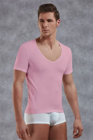 Doreanse Erkek Modal Derin V Yaka Kısa Kol T Shirt 2820 pembe