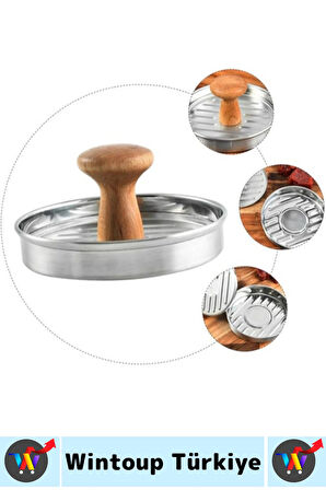 Uzun Ömürlü Ergonomik Tutuş Ahşap Saplı Izgara Çizgili Mutfak Kıyma Köfte Hamburger Press 12 Cm