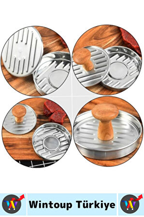 Uzun Ömürlü Ergonomik Tutuş Ahşap Saplı Izgara Çizgili Mutfak Kıyma Köfte Hamburger Press 12 Cm