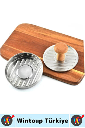 Uzun Ömürlü Ergonomik Tutuş Ahşap Saplı Izgara Çizgili Mutfak Kıyma Köfte Hamburger Press 12 Cm