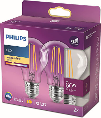 LED Classic 60W A60 Filament Ampul, 2700 Sarı Işık, E27 Normal Duy, Dim Edilmez 2'li Ekopaket