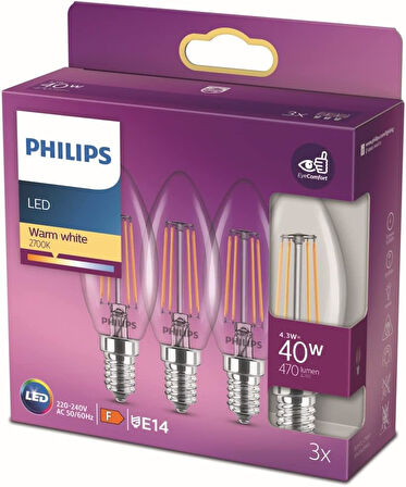 LED Classic 40W B35 Led Mum Filament Ampul, 2700K Sarı Işık, E14 İnce Duy, Dim Edilmez, 3'lü Ekopaket