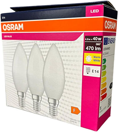 LED Value 4,9W (40 Watt) Led Klasik Mum Ampul Sarı Işık E14 3 lü Paket 470 Lümen