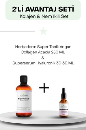 Kolajen & Nem İkili Set: Herbaderm Super Tonik Vegan Collagen Acacia 250 ML ve Superserum Hyaluronik 3D