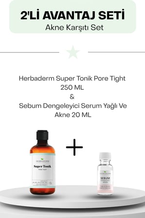Akne Karşıtı Set: Herbaderm Super Tonik Pore Tight Aha - Bha - Pha 250 ML ve Sebum Dengeleyici Serum Yağlı Ve Akne 20 ML