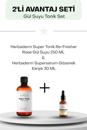 Gül Suyu Tonik Set: Herbaderm Super Tonik Re-Fresher Rose Gül Suyu 250 ML ve Herbaderm Superserum Gözenek Karşıtı 30 ML