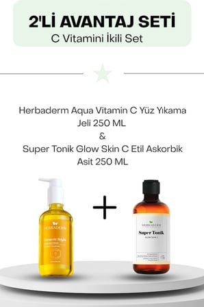 C Vitamini İkili Set: Herbaderm Aqua Vitamin C Yüz Yıkama Jeli 250 ML ve Super Tonik Glow Skin C Etil Askorbik Asit 250 ML