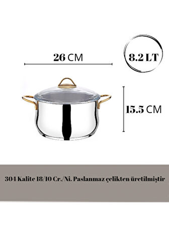 26 CM Cam Kapaklı 18/10 Paslanmaz Çelik Derin Tencere