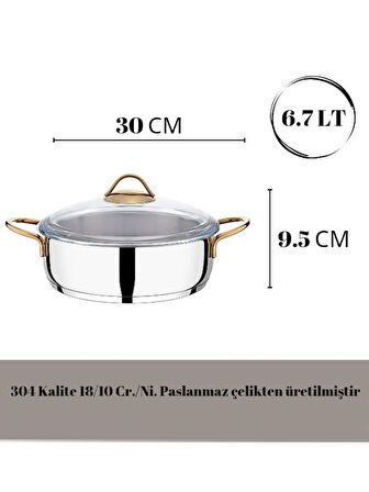30 Cm Çelik  Karnıyarık Basık Tencere Altın Renk Kulplu
