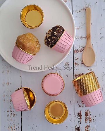 Hediye Sepeti 25'li Pembe Gold Muffin Kek Kalıbı, Kek Kapsülü Cupcake Kalıbı, Airfryer Uyumlu