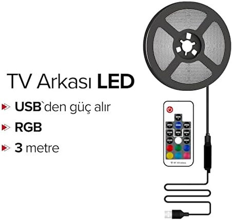 LED Tv Arkası Ambiyans RGB Şerit Seti Kumandalı 3 Metre