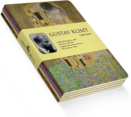 Gold Series - A5, Gustav Klimt 4'lü Defter Seti I, Çizgisiz, Toplam 256 Sayfa, Her biri 64 Sayfa, Tel Dikiş, Esnek Kapak, Oval Kenar, Tuval Doku, 60 gram, Sarı Krem Renk