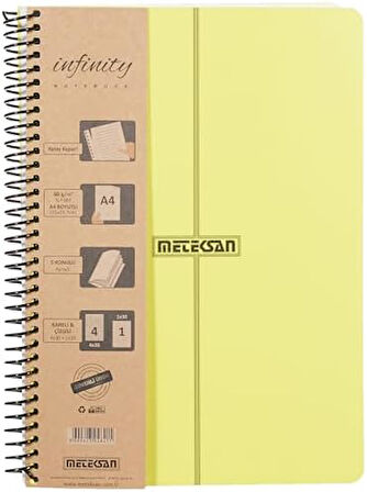 Defter, Sarı Kapaklı Spiralli Yaprak PP Çizgili) 150 Kareli, 1 Konulu (4 A4, 5 Primary Serisi, Infinity Yeni