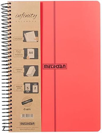 Defter, Kırmızı Kapaklı Spiralli Yaprak PP Çizgili) 210 Kareli, 2 Konulu (5 A4, 7 Primary Serisi, Infinity Yeni