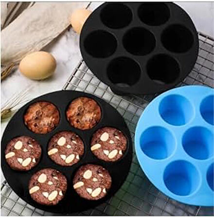 Airfryer Silikon 7'li Muffin Kek Kalıbı - Kek ve Çörek Pişirme Kabı Silikon Kalıp Siyah - (BPA Free)