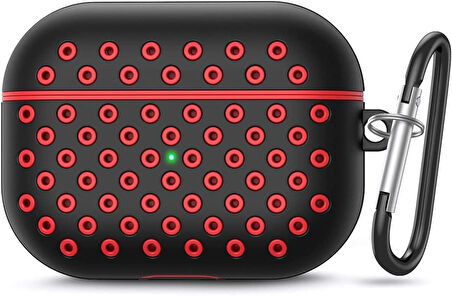 Airpods Pro/Pro 2 ile Uyumlu Delikli Spor Premium Silikon Kılıf + Karabina Klipsli, Tam Koruma ve Stil Sunan Ergonomik Tasarım (Siyah-Kırmızı)