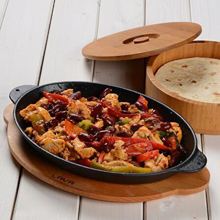 Pişirme Kabı LV ECO FT 1824 T10 K4 Fajita Plaka, Oval, Integral Metal ve Ahşap Plaka, Ölçüler 18 x 24 cm, Dökme Demir, Siyah