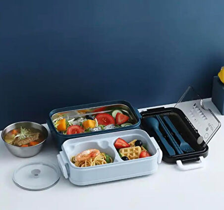 Box, 1400 ml 3 katlı beslenme kutusu, çatal bıçak takımı, yemek kutusu, yemek kutusu, bulaşık makinesinde yıkanabilir, mikrodalga fırına dayanıklı, iş ve okul için, beslenme kutusu (Mavi)