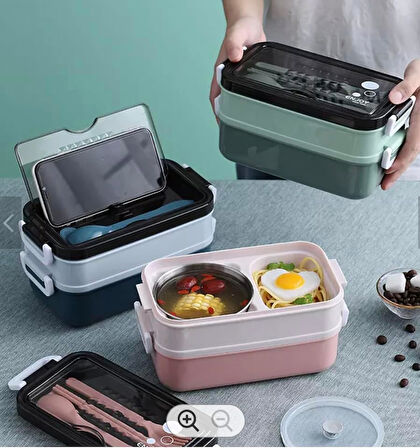 Box, 1400 ml 3 katlı beslenme kutusu, çatal bıçak takımı, yemek kutusu, yemek kutusu, bulaşık makinesinde yıkanabilir, mikrodalga fırına dayanıklı, iş ve okul için, beslenme kutusu (Mavi)