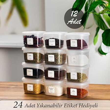 430 Çok Amaçlı Etiketli Baharatlık Kahvaltılık 12 li Kapaklı Saklama Kabı 600 cc Şeffaf