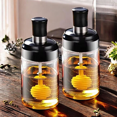 Bal Kavanozu Seti, 300 ml, Siyah Kapaklı, Ballık 2'li