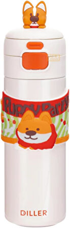 Diller 480ml Sevimli Hayvanlar Süslü Pipetli/Pipetsiz El Askılı Paslanmaz Çelik Termos (Puppy Party)