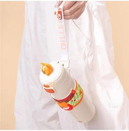 Diller 480ml Sevimli Hayvanlar Süslü Pipetli/Pipetsiz El Askılı Paslanmaz Çelik Termos (Puppy Party)