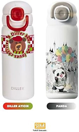 Diller 600ml Sevimli Hayvanlar Desenli Pipetli/Pipetsiz El Askılı Paslanmaz Çelik Termos (Diller Bear)