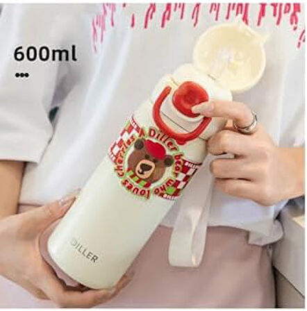 Diller 600ml Sevimli Hayvanlar Desenli Pipetli/Pipetsiz El Askılı Paslanmaz Çelik Termos (Diller Bear)