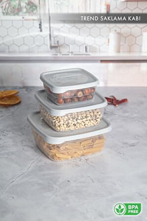 HOME Trend Box Kare Sızdırmaz Kapak Saklama Kabı 3'lü Set Gri