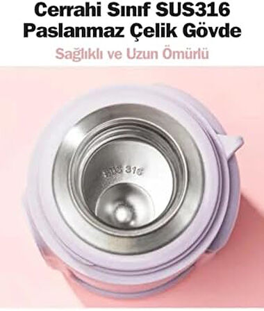 1000ml Kulplu Fincan-Kapaklı Askılı Paslanmaz Çelik Termos Kamp Matarası (Beyaz)