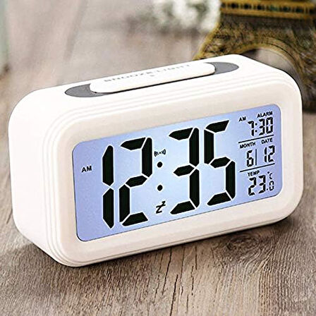 Dekoratif Dijital Alarmlı Saat, 12/24 Dönüştürme Gece Görüşlü Yatak Başucu Saati Masa Saati Led Ekran Pilli Çalar Saat 13 x 4.5x 7.5cm (Beyaz)