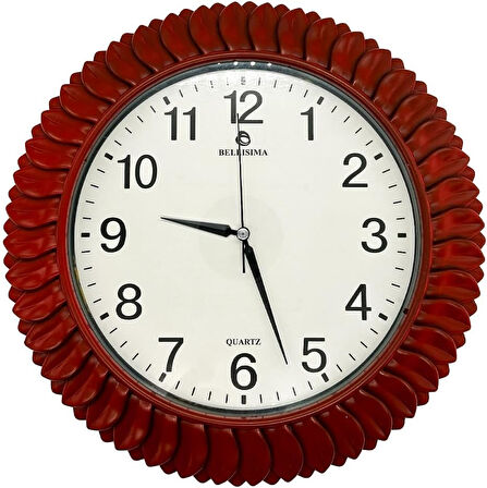 BL-1074 Serisi Klasik Kadran Yaprak Desenli Sessiz Akar 30 cm Duvar Saati Kırmızı