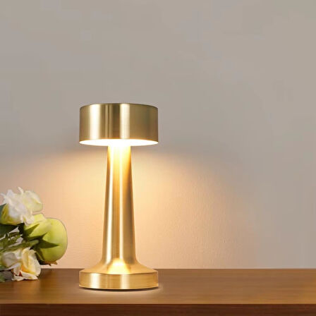 LED Şarj Edilebilir Taşınabilir Masa Lambası - Dokunmatik Aç/Kapa ve Parlaklık Ayarı, 3 Renk Seçeneği (Gold, Dalya)