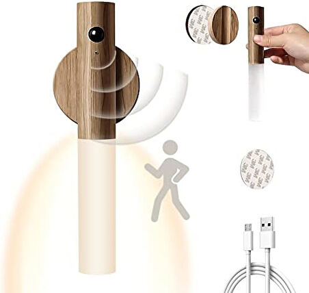 USB ile şarj edilebilir duvar lambası, ahşap, iç mekan, hareket sensörlü, indüksiyonlu, pilli LED duvar lambası, sıcak beyaz, manyetik yatak lambası, oturma odası, yatak odası, merdiven