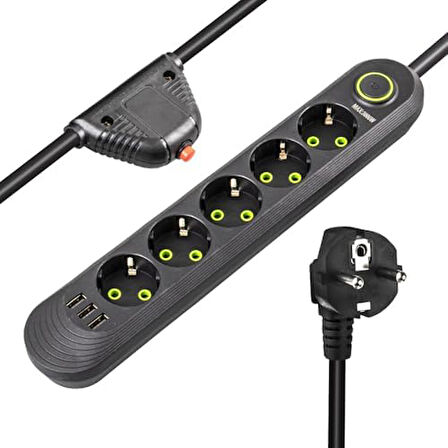 Akım Korumalı Grup Priz, 5 li Priz,1.5 Metre Kablolu, 3 Usb li 3000w, 16 Amper, Kablo Üstünde Termal Koruma Sigortalı, Çocuk Korumalı, Topraklı (SIYAH-5)