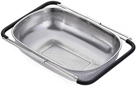 Ayarlanabilir Paslanmaz Çelik Süzgeç 24 x 34 cm, Lavabo Üzeri Çok Amaçlı Mutfak Süzgeci, Sebze & Meyve Yıkama, Bulaşık Kurutma, Pirinç ve Makarna Süzme