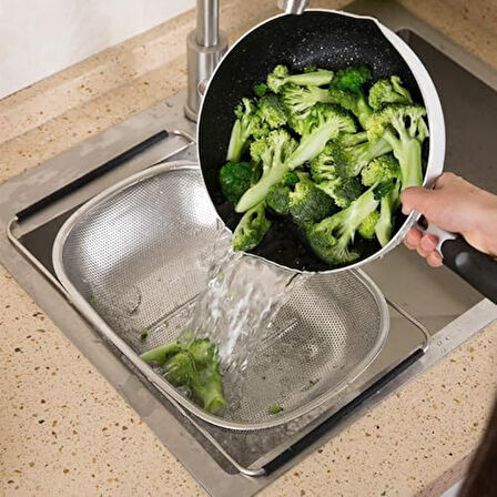 Ayarlanabilir Paslanmaz Çelik Süzgeç 24 x 34 cm, Lavabo Üzeri Çok Amaçlı Mutfak Süzgeci, Sebze & Meyve Yıkama, Bulaşık Kurutma, Pirinç ve Makarna Süzme