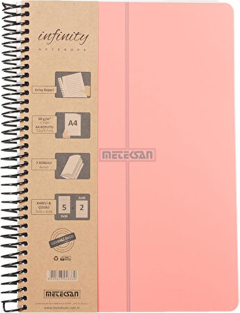 Infinity Pastel Serisi, A4, 7 Konulu (5 Kareli, 2 Çizgili) 210 Yaprak PP Kapaklı Spiralli Defter, Pembe