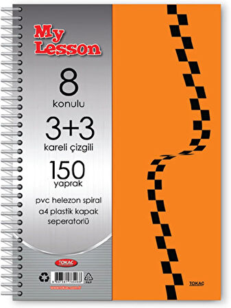 Tokaç My Lesson Plastik Kapak A4 3+3 150 Yaprak Spiralli 8 Bölmeli Ayraçlı Kareli Çizgili Defter