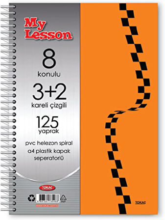 Tokaç My Lesson Plastik Kapak A4 3+2 125 Yaprak Spiralli 8 Bölmeli Ayraçlı Kareli Çizgili Defter