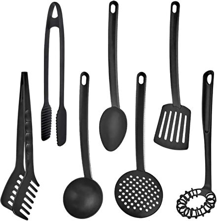 7 Parça Yanmaz Yapışmaz Teflon Kaplama Servis Seti Kepçe Kevgir Spatula Kaşık Plastik Servis Takımı