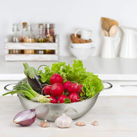 Paslanmaz Çelik 26cm Çift Kulplu Sepet Süzgeç, Salata ve Meyve Süzgeci, Makarna Süzgeci