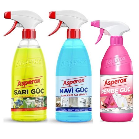 ASPEROX Sarı Güç + Mavi Güç Sprey 2 x 1 L + Pembe Güç Leke Çıkarıcı 650 ml 