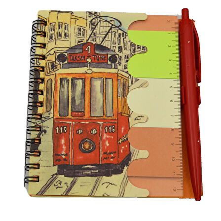 NotYaz 12x10 60 Yaprak Kalemli-Cetvelli Not Defteri Bloknot İstanbul Motifleri Çizgili- Tramvay (GD-8209)